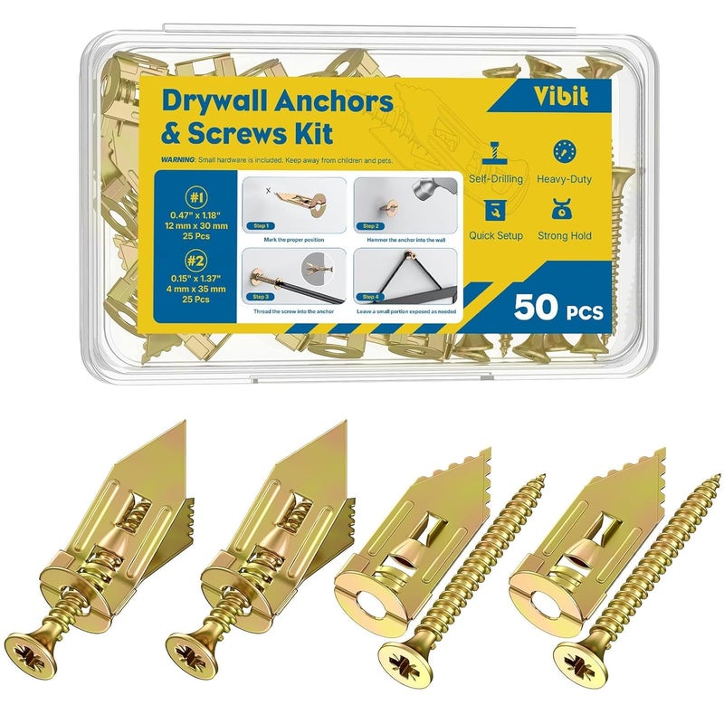 Vibit Self Drilling Drywall Anchors, Heavy Duty Wall Anchors for Drywall, Metal Dry Wall Anchors and Screws Kit, Carbon Steel Sheetrock Anchors with #6 x 1 3/8" Screws, Picture Hanging Kit, 50 Pcs - Image 1